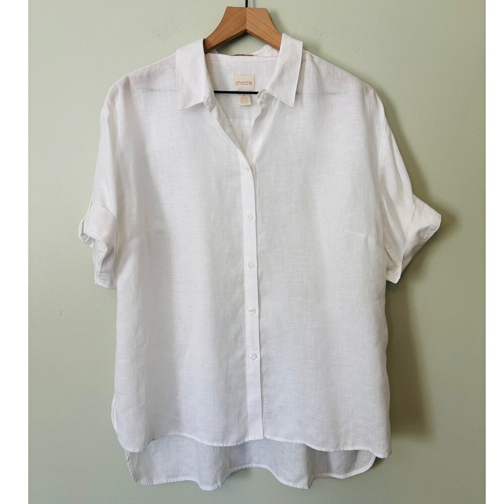 Chico's No Iron Linen White Blouse 2 Large Short Sleeve